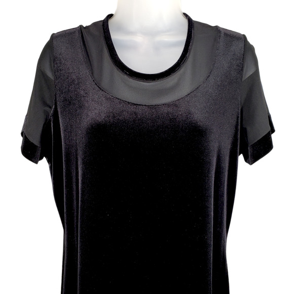 Huis Clos Velour Midi Dress 12 Women Black Short Sleeve Velvet Mesh Soft Vintage - Picture 7 of 10
